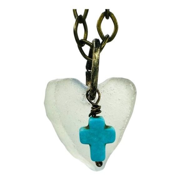 Artisan Light Green Sea Glass Concave Heart Pendant with Turquoise Cross Charm - Picture 5 of 12
